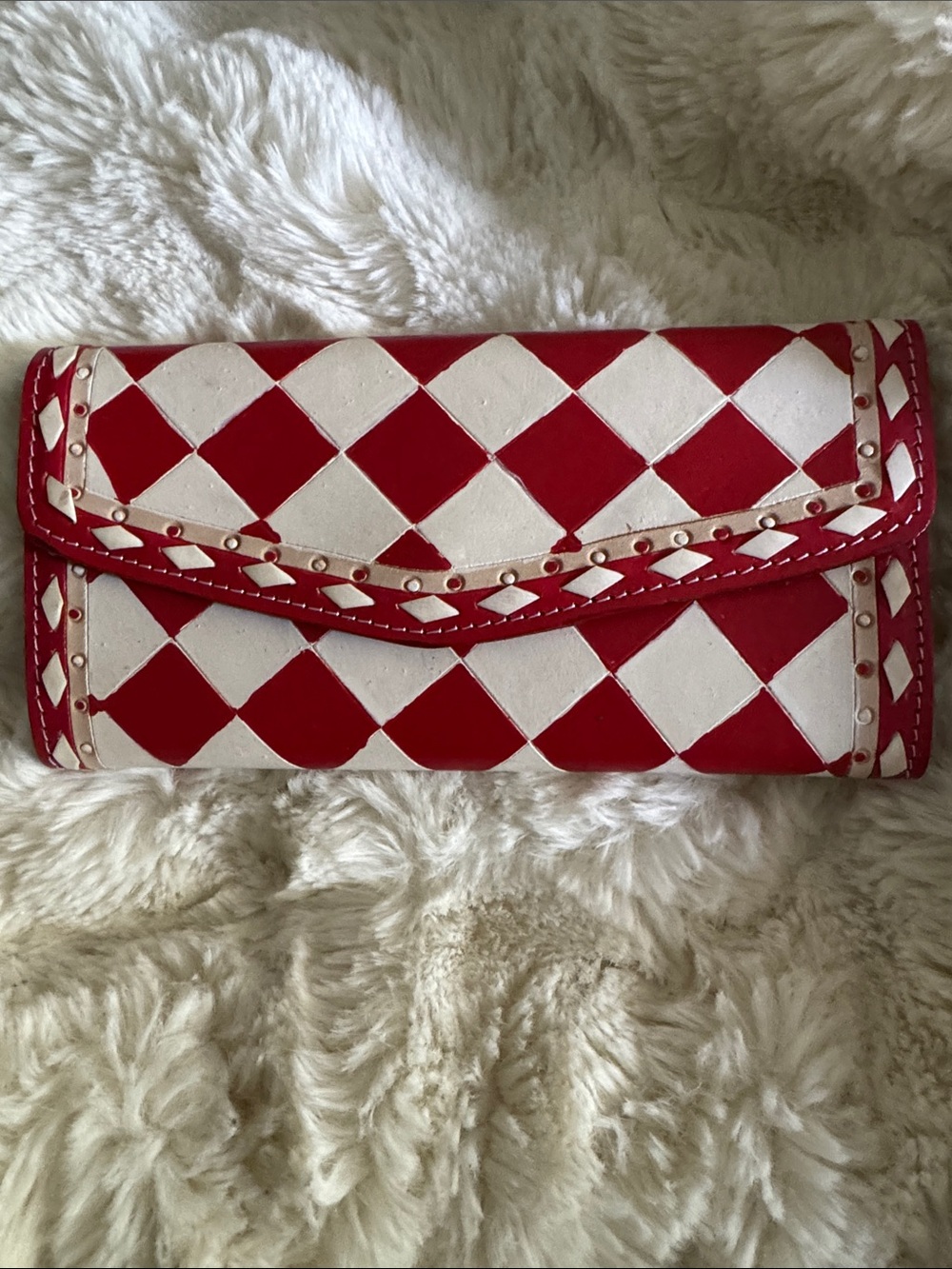Hand painted  leather Red and White Diamond-Pattern Women's Clutch Wallet